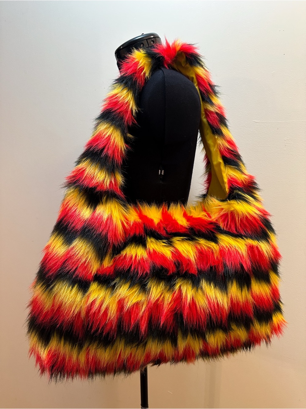 Handmade Yellow Red Black Stripe Fuzzy Funky Fun Large Faux Fur Hobo Tote Bag